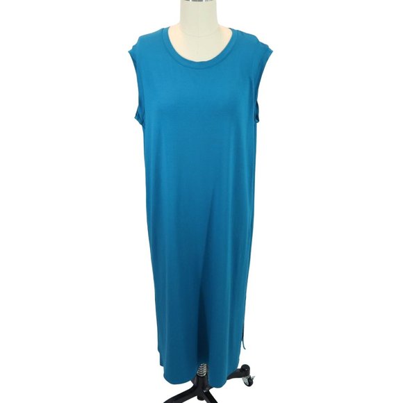 EILEEN FISHER Size S Teal Blue Jersey Knit Side Slit Pullover Relaxed Midi Dress - Picture 1 of 5